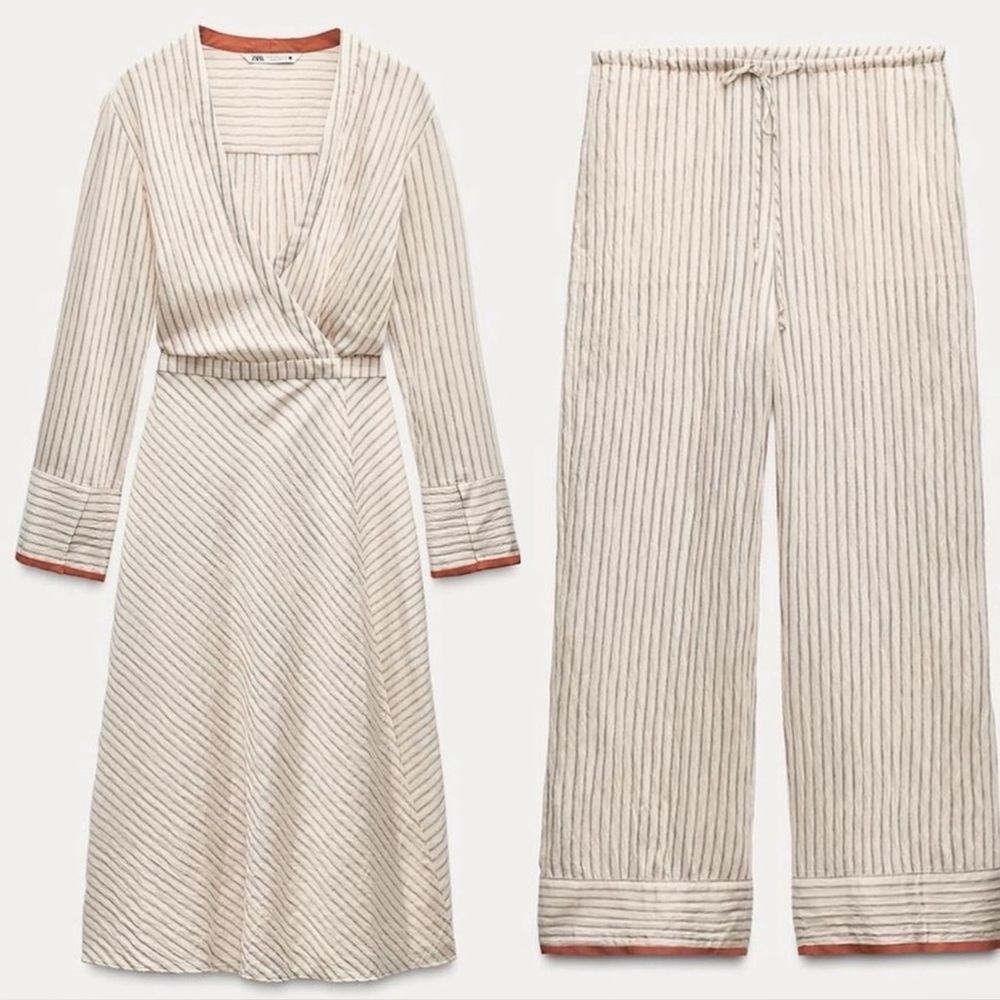 NWT ZARA CONTRAST PAJAMA-STYLE PANTS & CONTRAST WRAP DRESS ZW COLLECTION‎ S